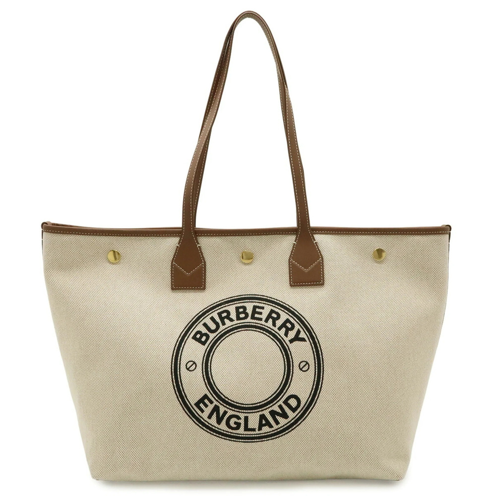 BURBERRY Round Tote Bag, Large Tote, Shoulder Canvas and Leather, Natural Bro...